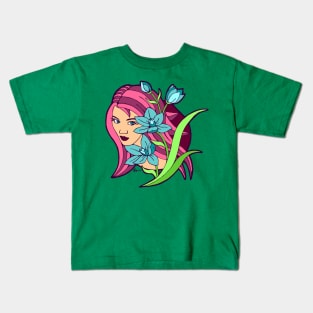 Pink Haired Girl and Blue Lilies Kids T-Shirt